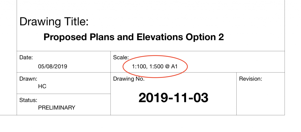 Drawing title block with scale displayed